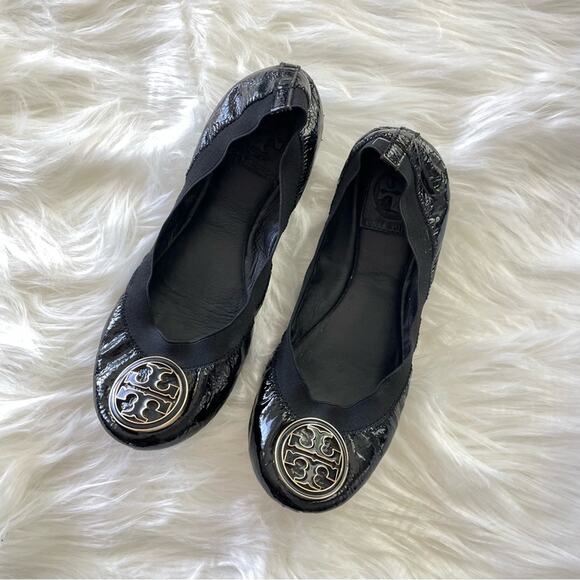 Tory Burch | Womens Caroline Naplak Flats Black Patent Leather Shiny Ballet Logo - Picture 3 of 9